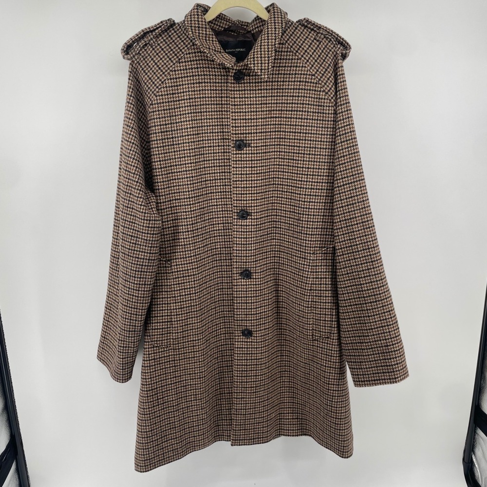 Banana Republic Car Coat Mens XL Brown Houndstooth Epaulet Wool Blend Jacket